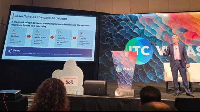 A presenter on the ITC Vegas stage beside a slide showing four steps: capture, understand, structure and deliver.