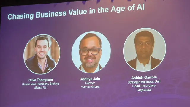 Session slide reading Chasing Business Value in the Age of AI, with photos of the three speakers.