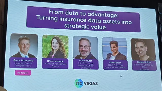 Session title slide reading From data to advantage: Turning insurance data assets into strategic value, with photos of the moderator and four panelists.